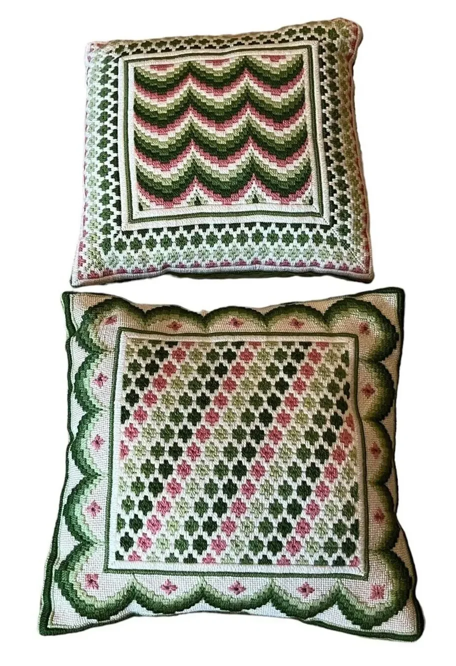 Vintage Crewel Green Pink Pair Of Pillows Matching 11x11” Velvet Backed Firm